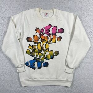 Clownfish Sweatshirt Womens Medium Cream Vintage Colorful Coral Reef Aquatic USA